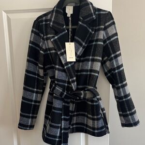 Joie Plaid Belted Jacket in navy and light blue
